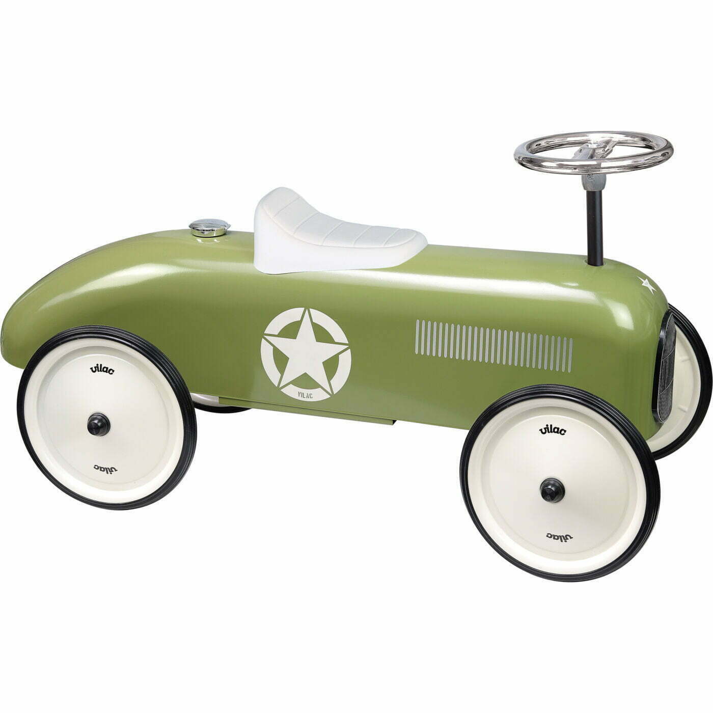 Retro inspired Vilac classic racing ride-on car. Features a durable metal construction, a comfortable seat and a stylish metal steering wheel. 