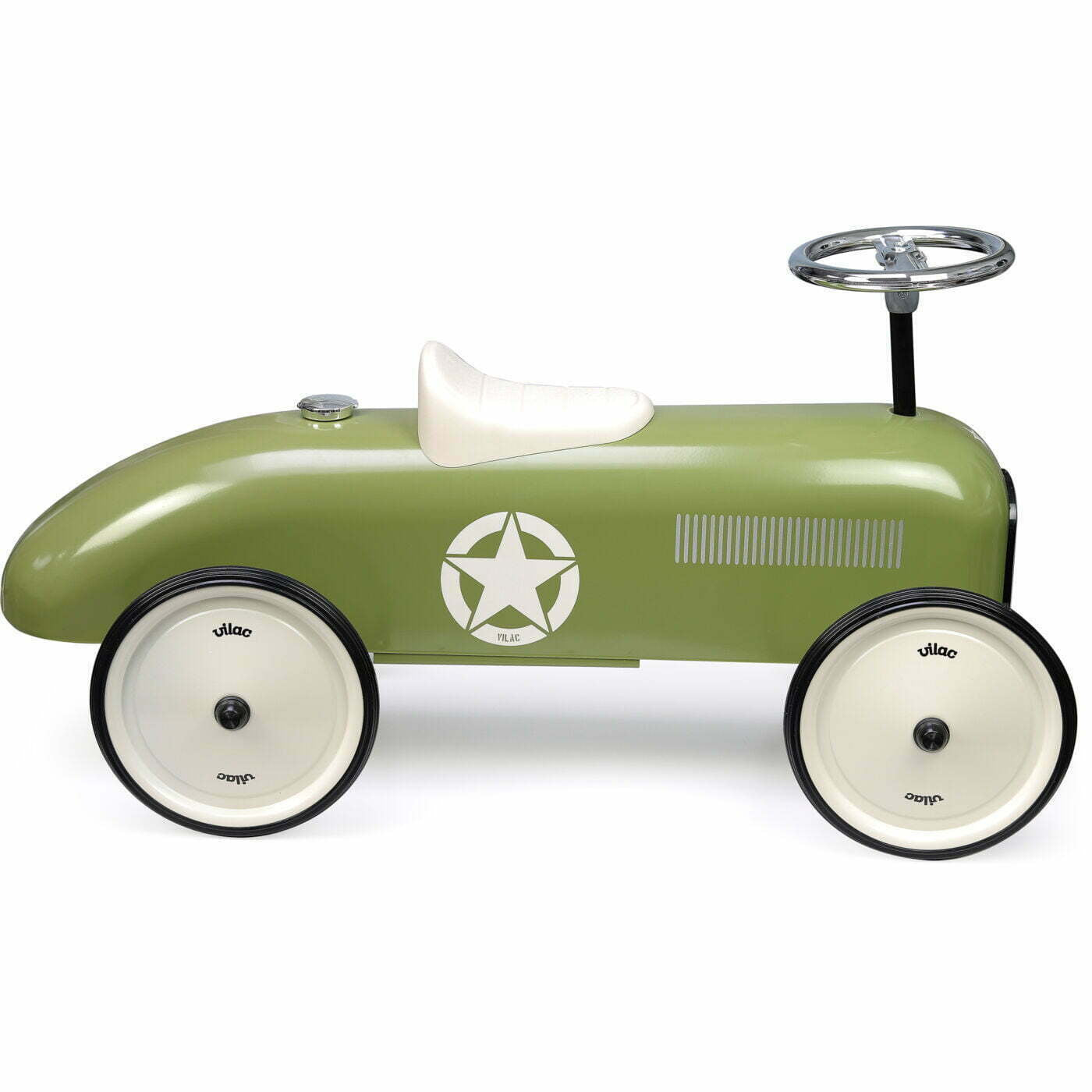 Vilac Classic Metal Car in khaki with white seat, retro design, durable metal body, rubber wheels, and number 1 detail for little racers.