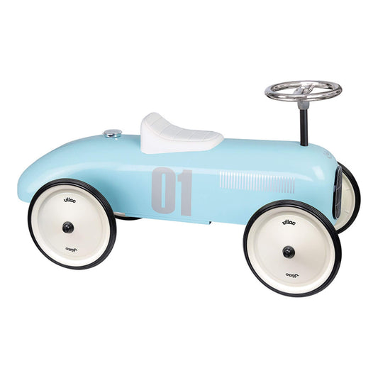 Vilac Classic Metal Car in light blue with a white seat, silver steering wheel, and number 01 detail, perfect for little racers with style.