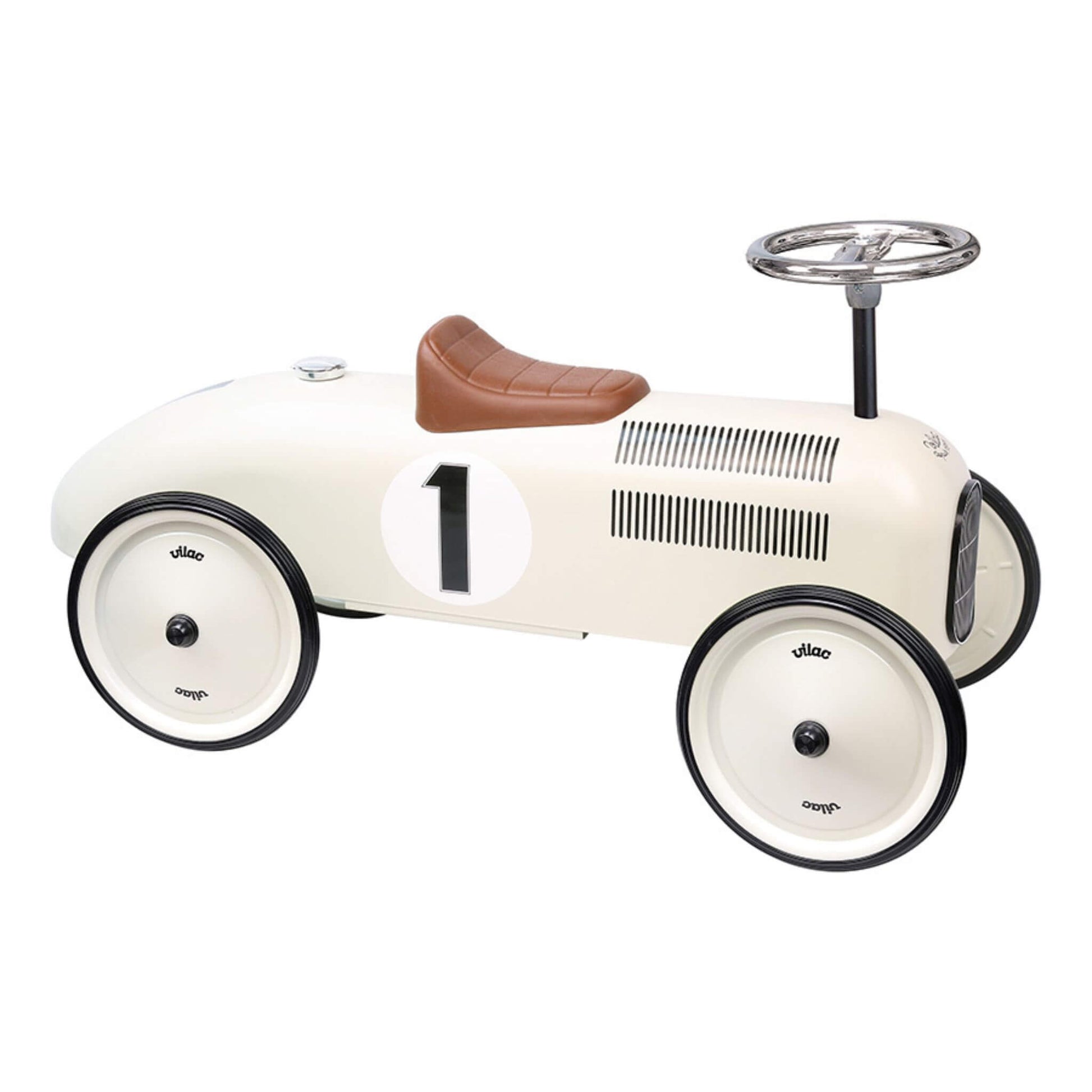 Retro inspired Vilac classic racing ride-on car. Features a durable metal construction, a comfortable seat and a stylish metal steering wheel. 