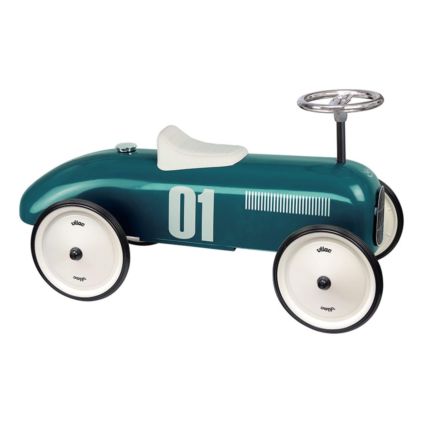 Retro inspired Vilac classic racing ride-on car. Features a durable metal construction, a comfortable seat and a stylish metal steering wheel. 