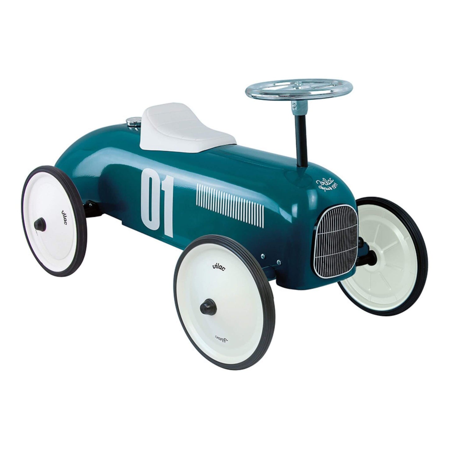 Vilac Classic Metal Car in petrol blue with white seat, retro design, durable metal body, rubber wheels, and number 1 detail for little racers.