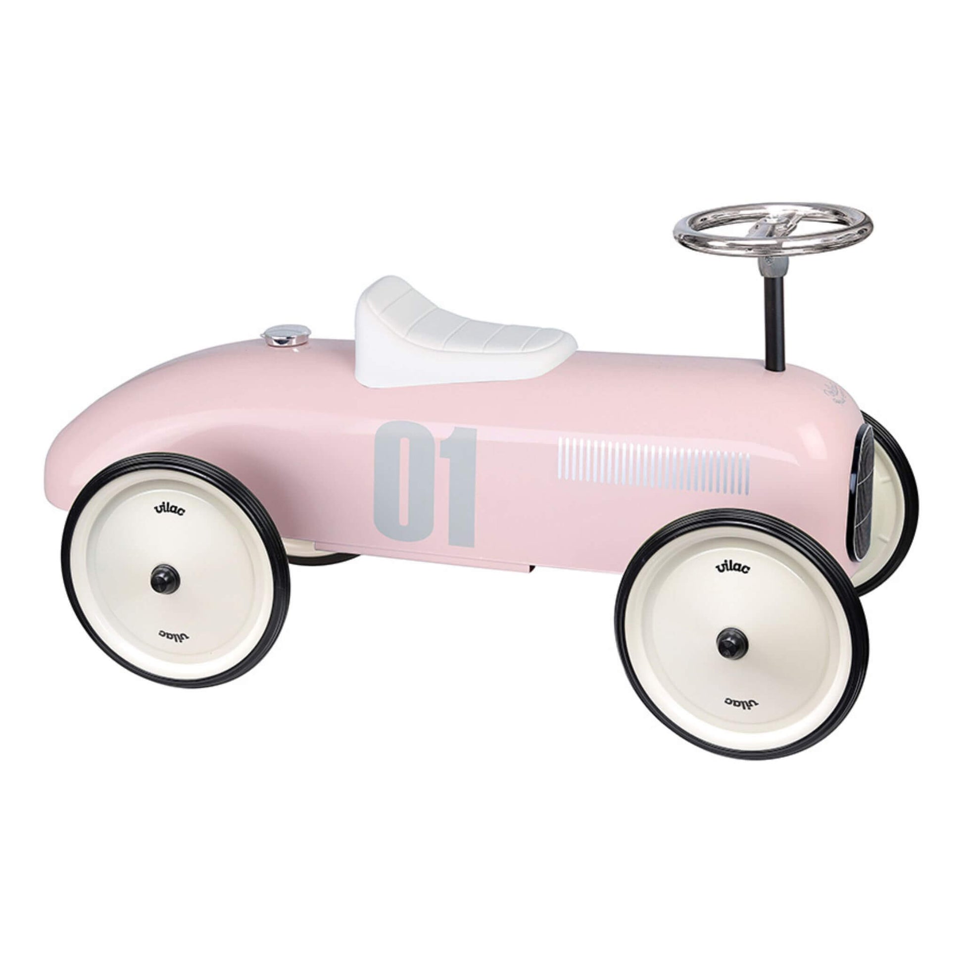 Retro inspired Vilac classic racing ride-on car. Features a durable metal construction, a comfortable seat and a stylish metal steering wheel. 