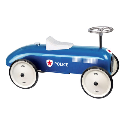 Vilac Classic Metal Car in blue with a white seat, silver steering wheel, and police-themed details, perfect for little officers in training.