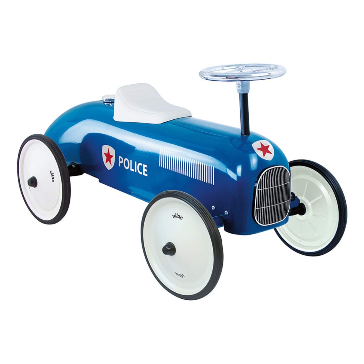 Vilac Classic Metal Car in blue with a white seat and police-themed design, featuring a silver steering wheel and star emblem. Perfect for imaginative play.