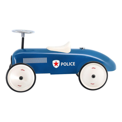 Vilac Classic Metal Car in blue with a white seat and police-themed details, featuring a silver steering wheel and police department emblem.