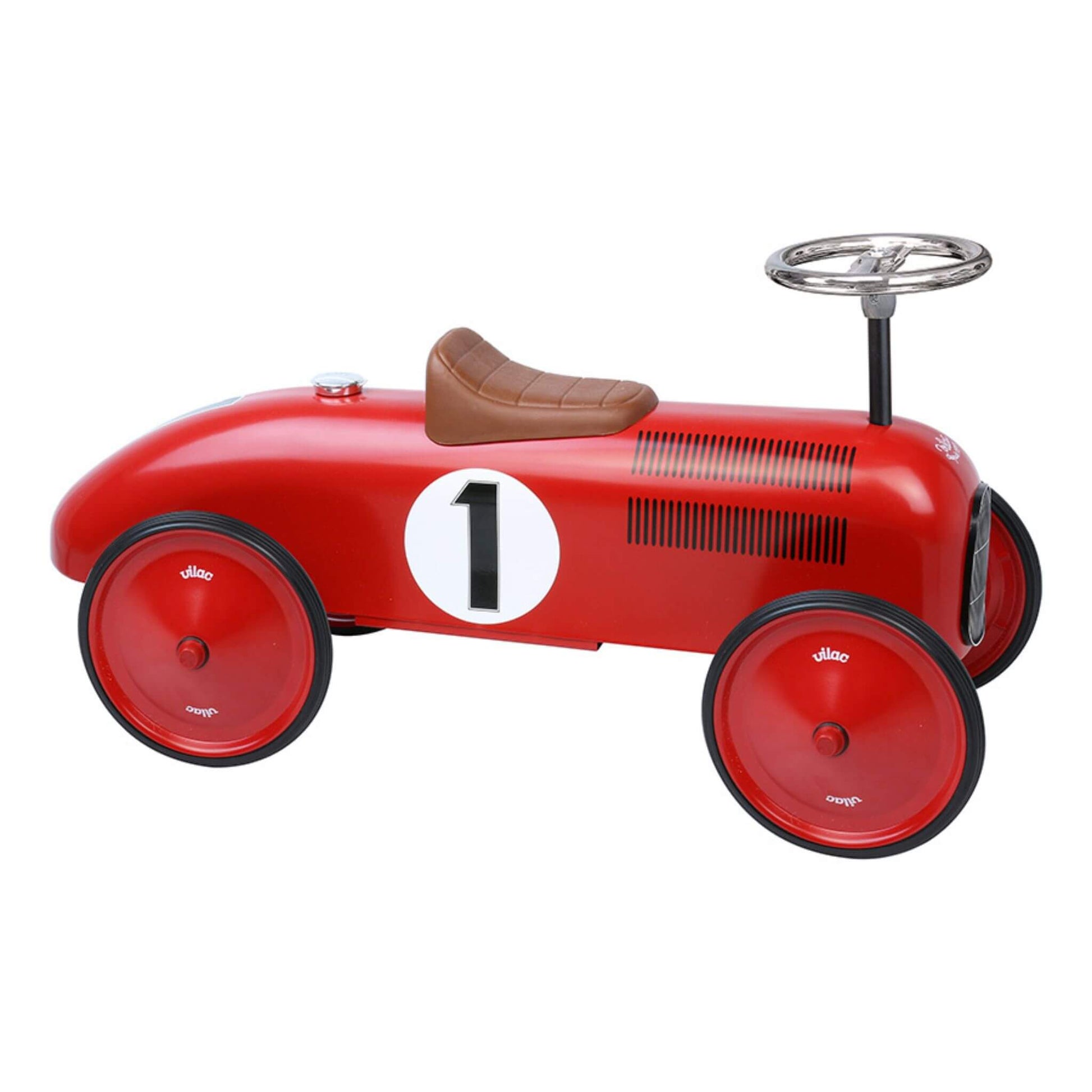 Vilac Classic Metal Car in red with a brown seat, silver steering wheel, and number 1 detail, ideal for little racing enthusiasts.