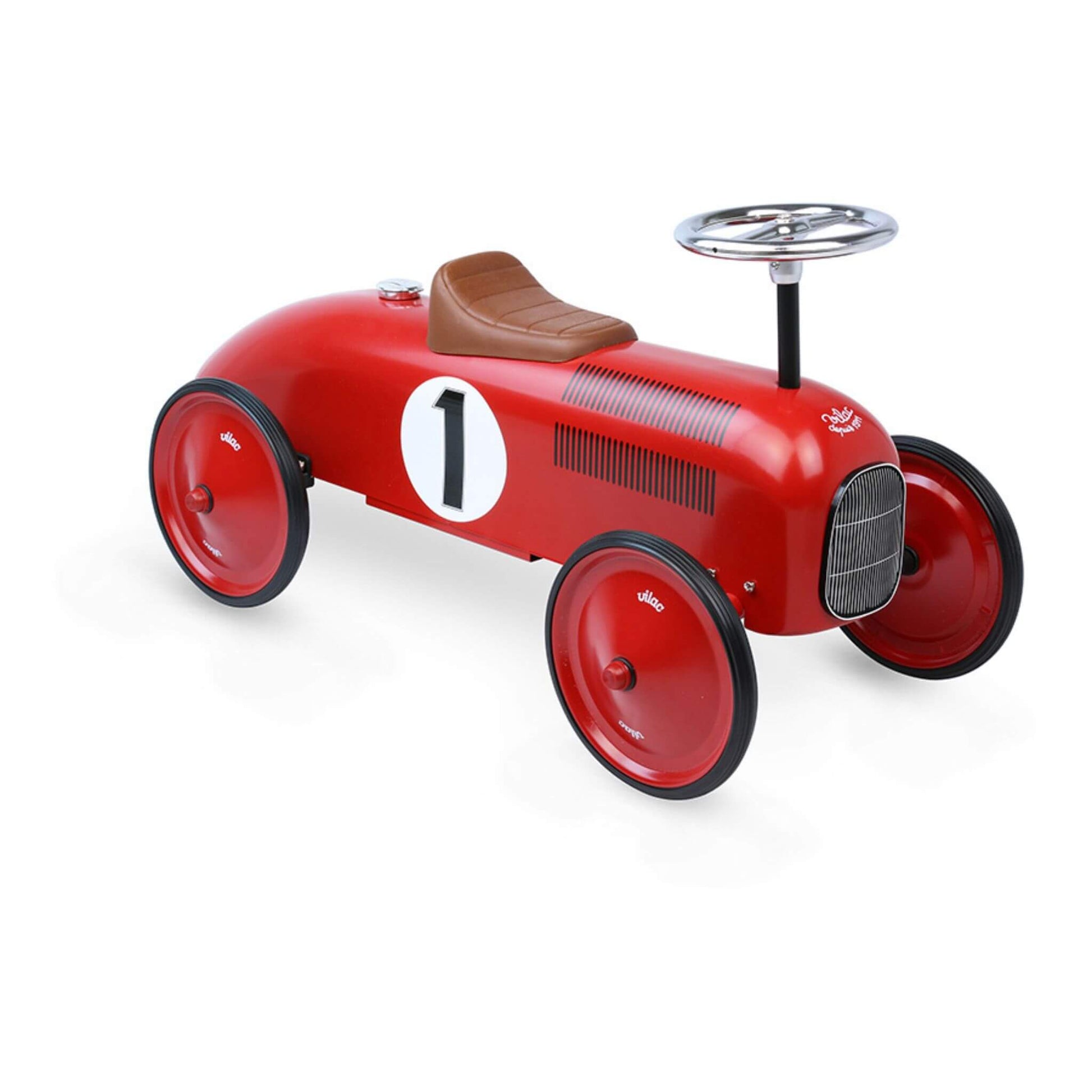 Vilac Classic Metal Car in vibrant red with a brown seat, silver steering wheel, and number 1 detail, perfect for imaginative play and racing fun.