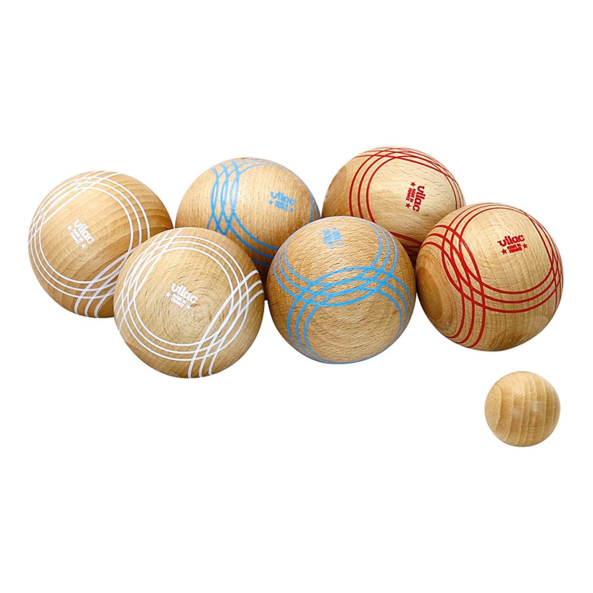 Vilac Competition Petanque Balls Set featuring six solid wood balls with colourful patterns and a small target ball for family fun.