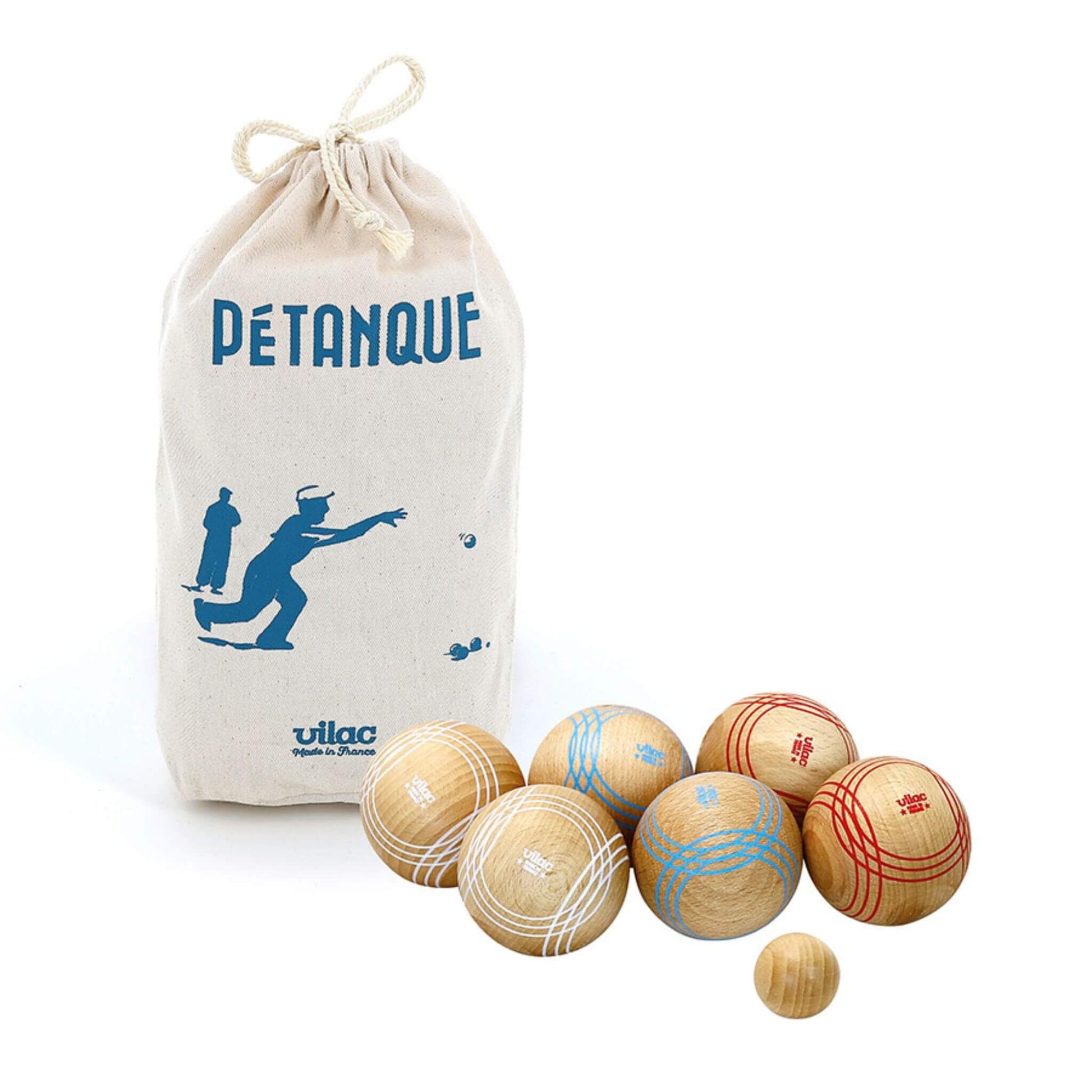 Vilac Competition Petanque Balls Set with six wooden balls, a target ball, and a cotton tote bag featuring a classic pétanque design.