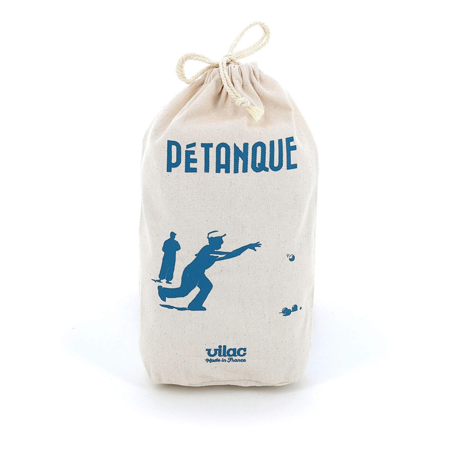 Cotton tote bag for the Vilac Competition Petanque Balls Set, featuring a blue pétanque design and ‘Made in France’ branding.