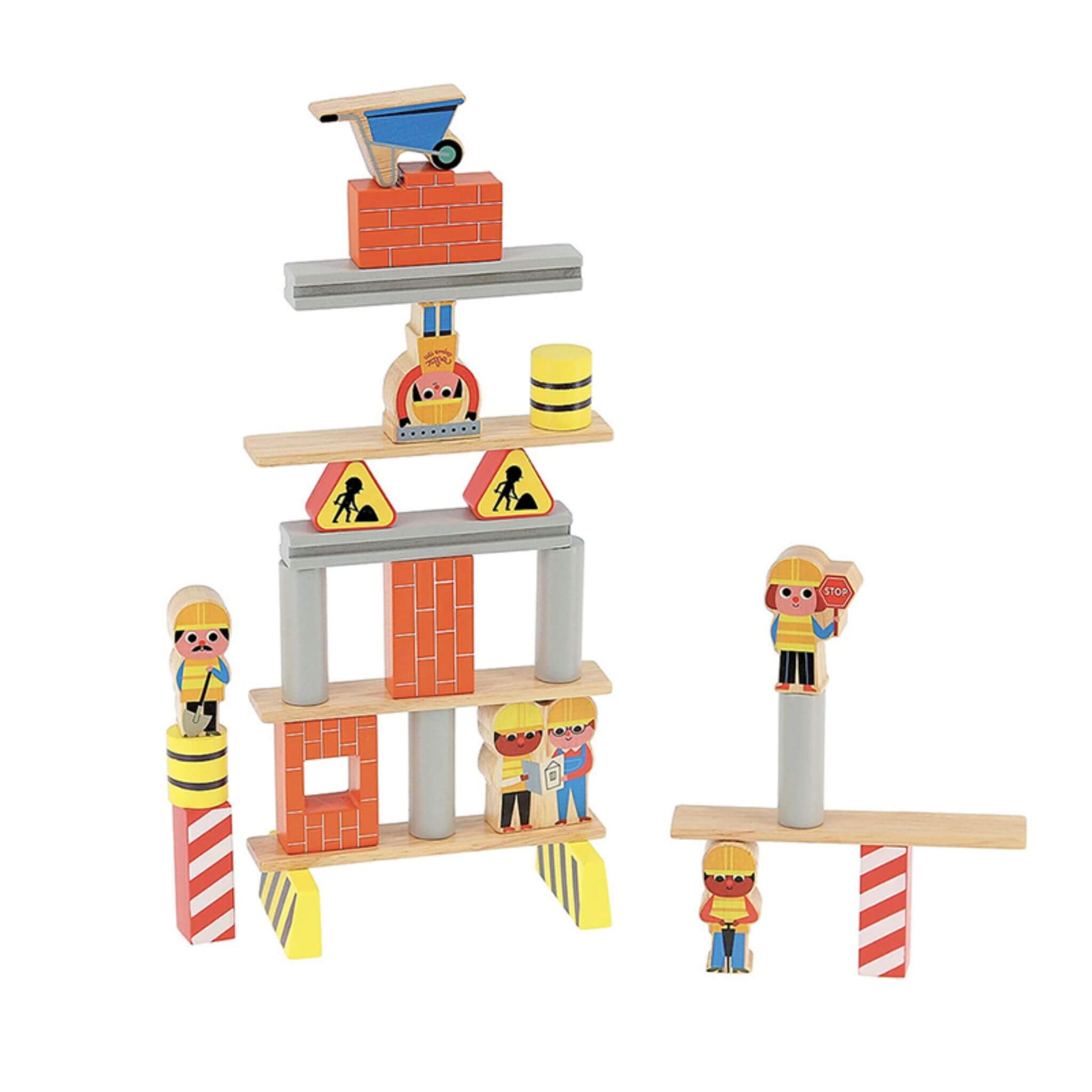 Vilac Construction Site Balancing Game with colourful wooden pieces featuring construction workers, tools, and signs for creative stacking fun.