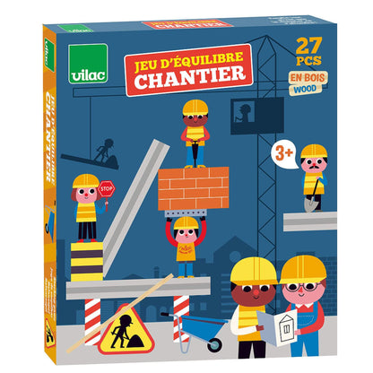 Box of the Vilac Construction Site Balancing Game featuring colourful illustrations of construction workers and 27 wooden pieces for stacking fun.