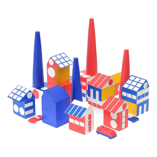 Colourful wooden Vilac Factory Town Blocks featuring houses, chimneys, and vehicles in bold red, blue, yellow, and white designs.