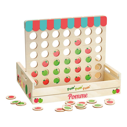 Vintage-inspired Vilac Four Apples in a Row wooden game with red and green apple pieces in a charming retro-style design.