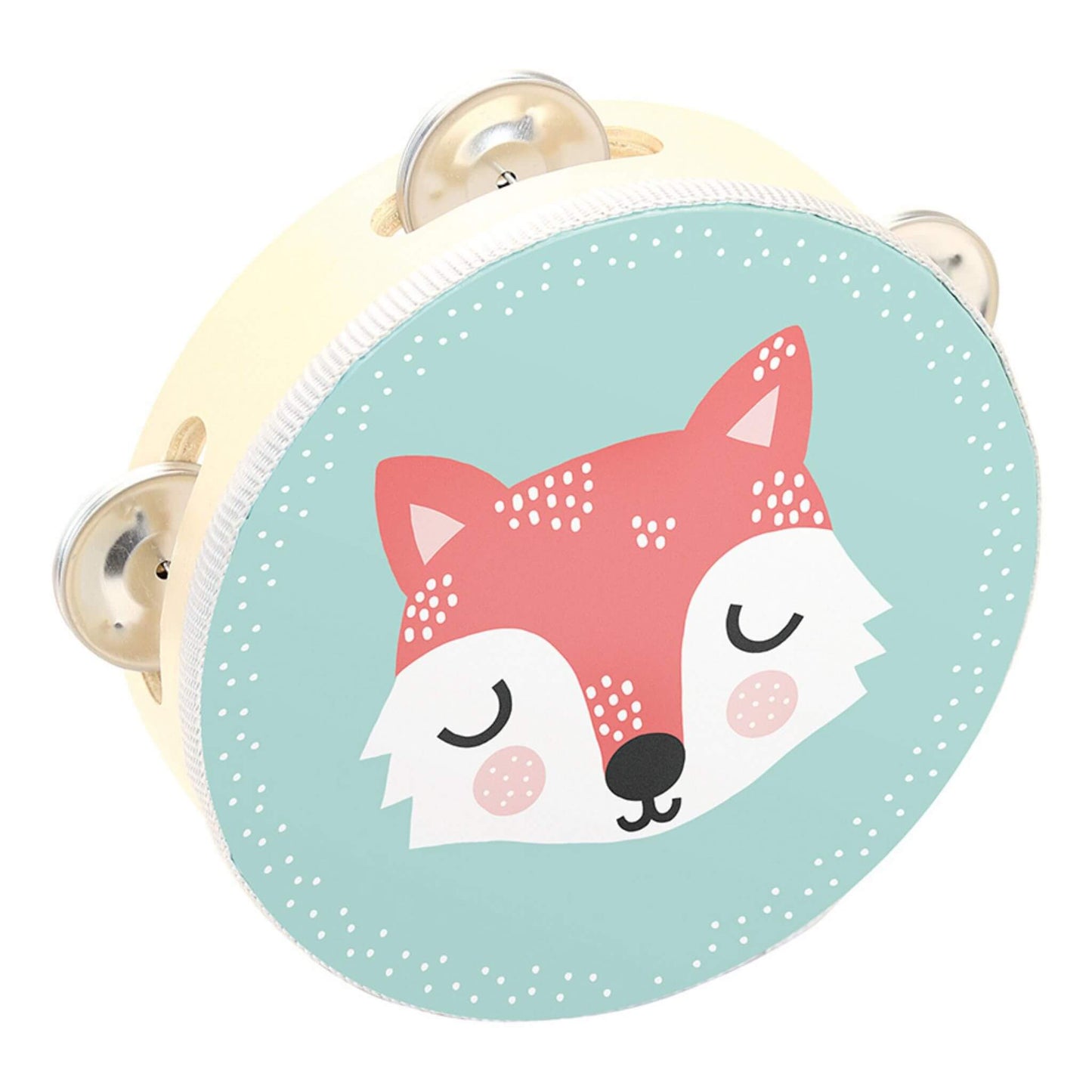 Vilac Fox Wood Tambourine featuring a fox design on a pastel blue background, perfect for kids’ musical play and coordination skills.