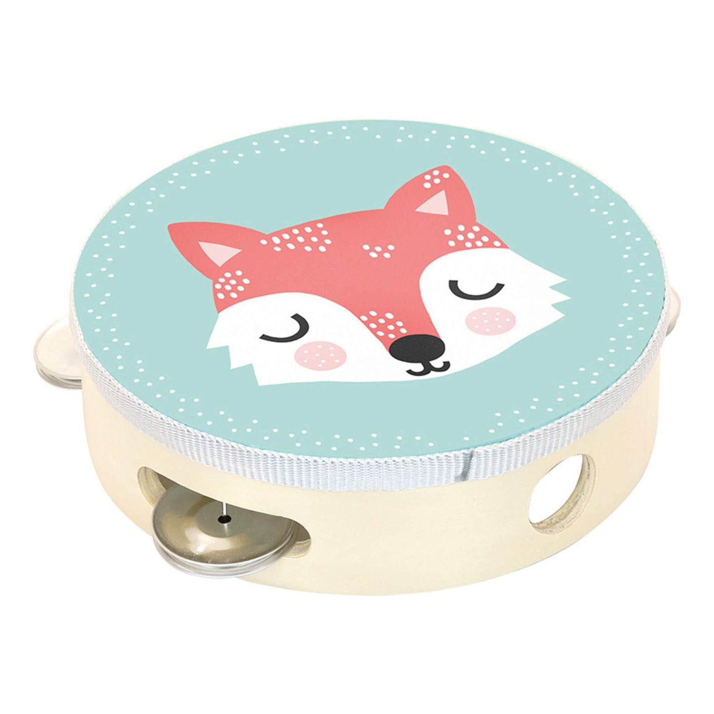 Vilac Fox Wood Tambourine with a pastel blue background and fox illustration, designed for kids’ musical fun and skill development.