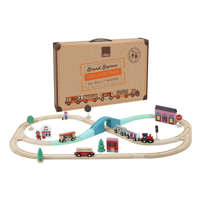 Vilac Grand Express Train Circuit with a 40-piece wooden set and suitcase packaging, designed for creative play and easy storage.