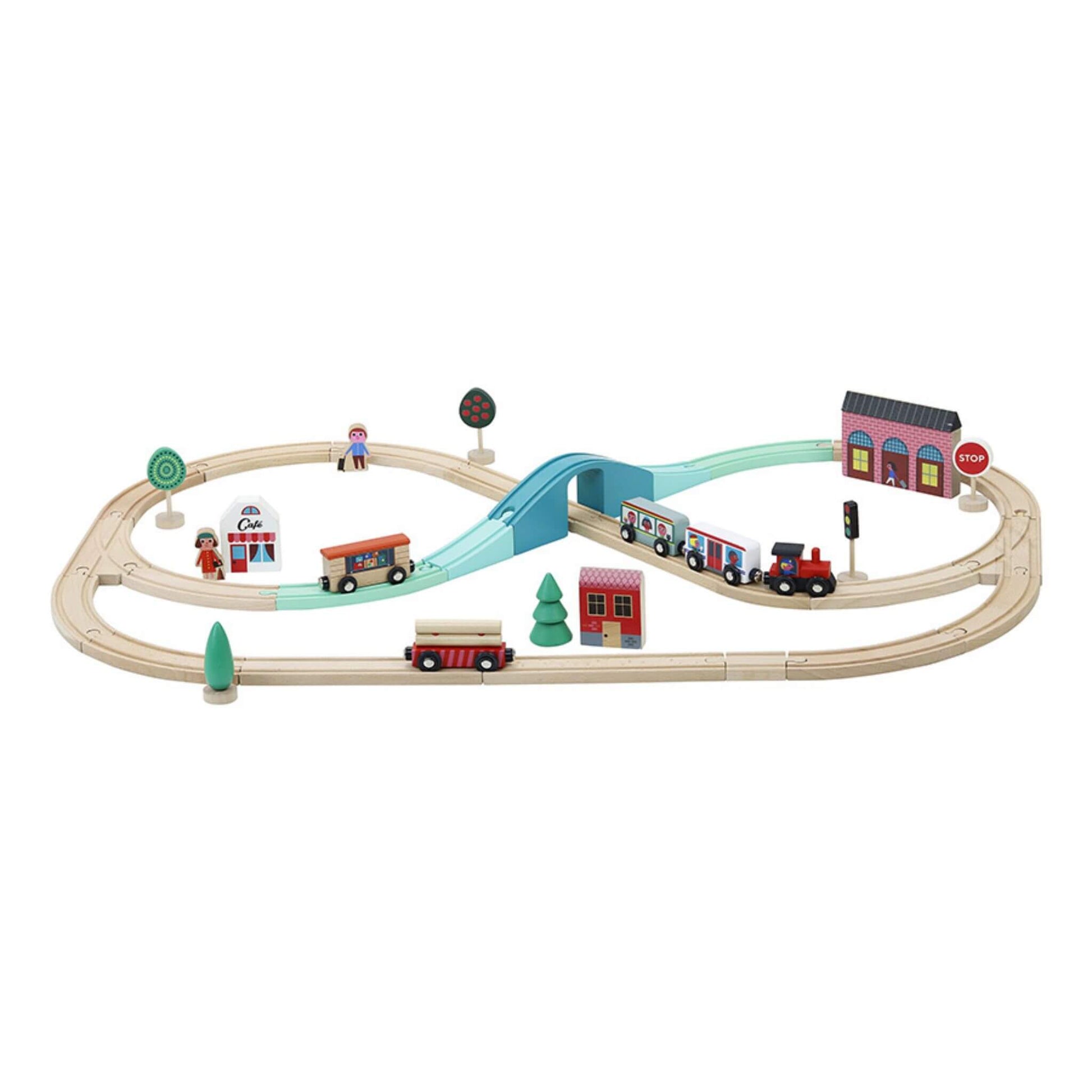 Vilac Grand Express Train Circuit with wooden tracks, colourful accessories, and train pieces, perfect for imaginative and creative play.