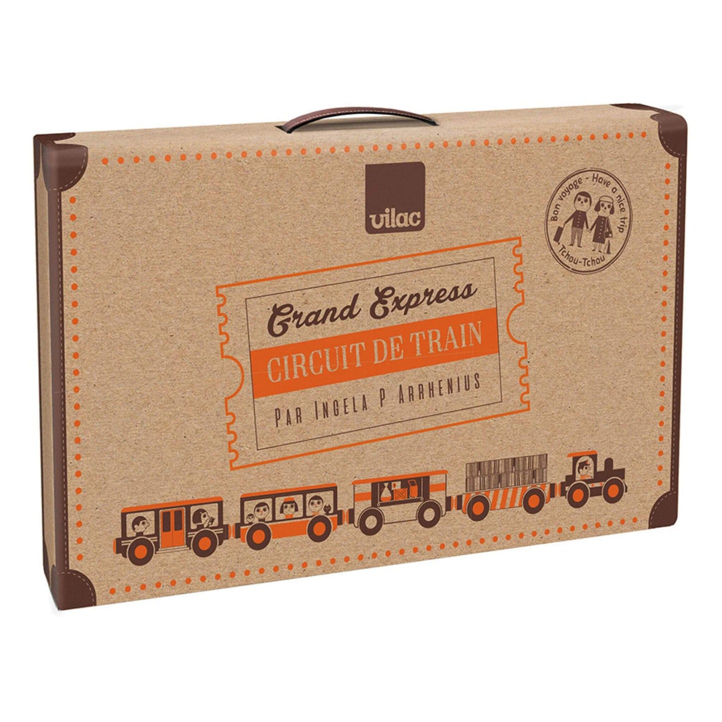 Close-up of the Vilac Grand Express Train Circuit packaging, featuring a charming vintage-style cardboard suitcase design.