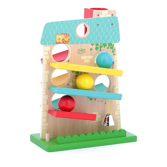 Wooden Vilac House of Balls toy featuring colourful ramps, a chimney for ball drops, and a bell at the bottom.