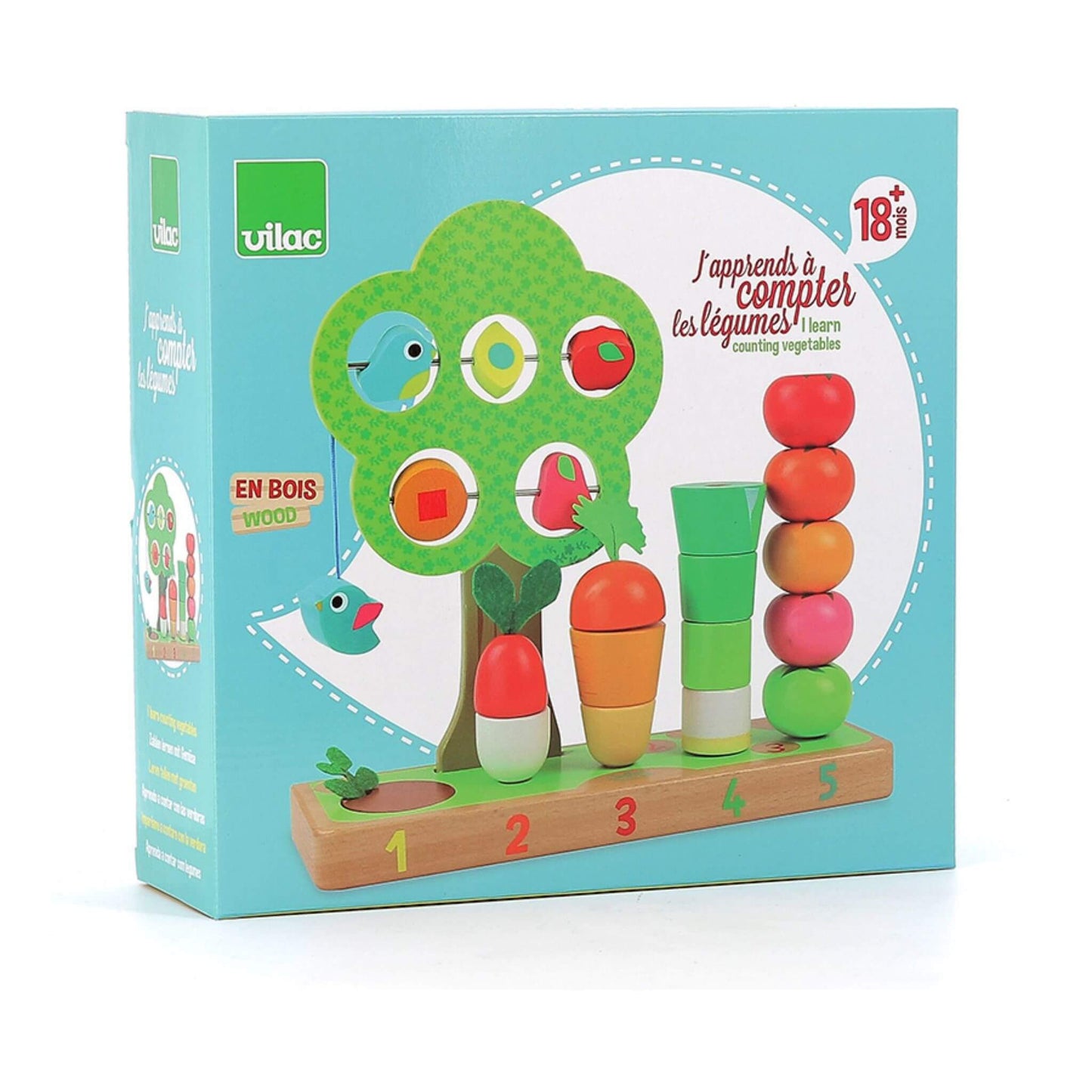 Packaging of the Vilac I Learn Counting Vegetables game, featuring a colourful wooden stacking base, vegetables, rotating fruits, and a hanging bird. Suitable for ages 18 months and up.