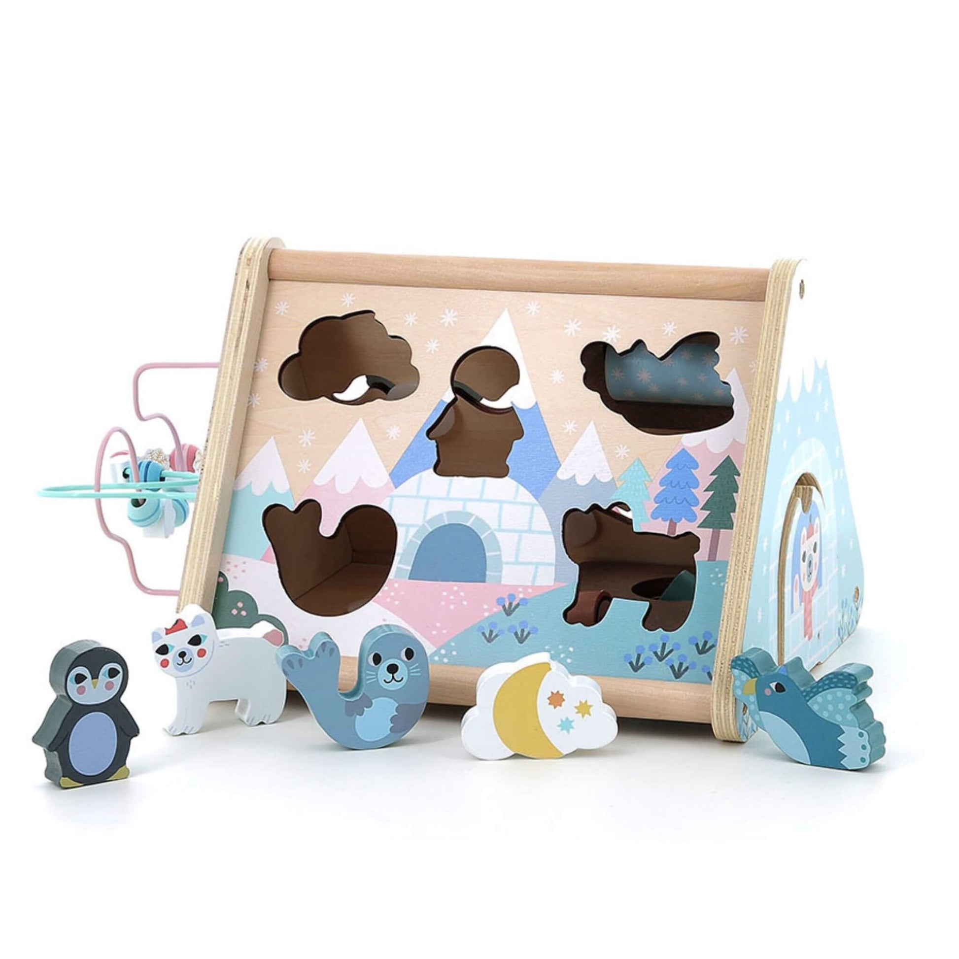 Vilac Iceland Early Learning Activity Triangle featuring colourful animal-shaped wooden pieces and matching cut-out slots.