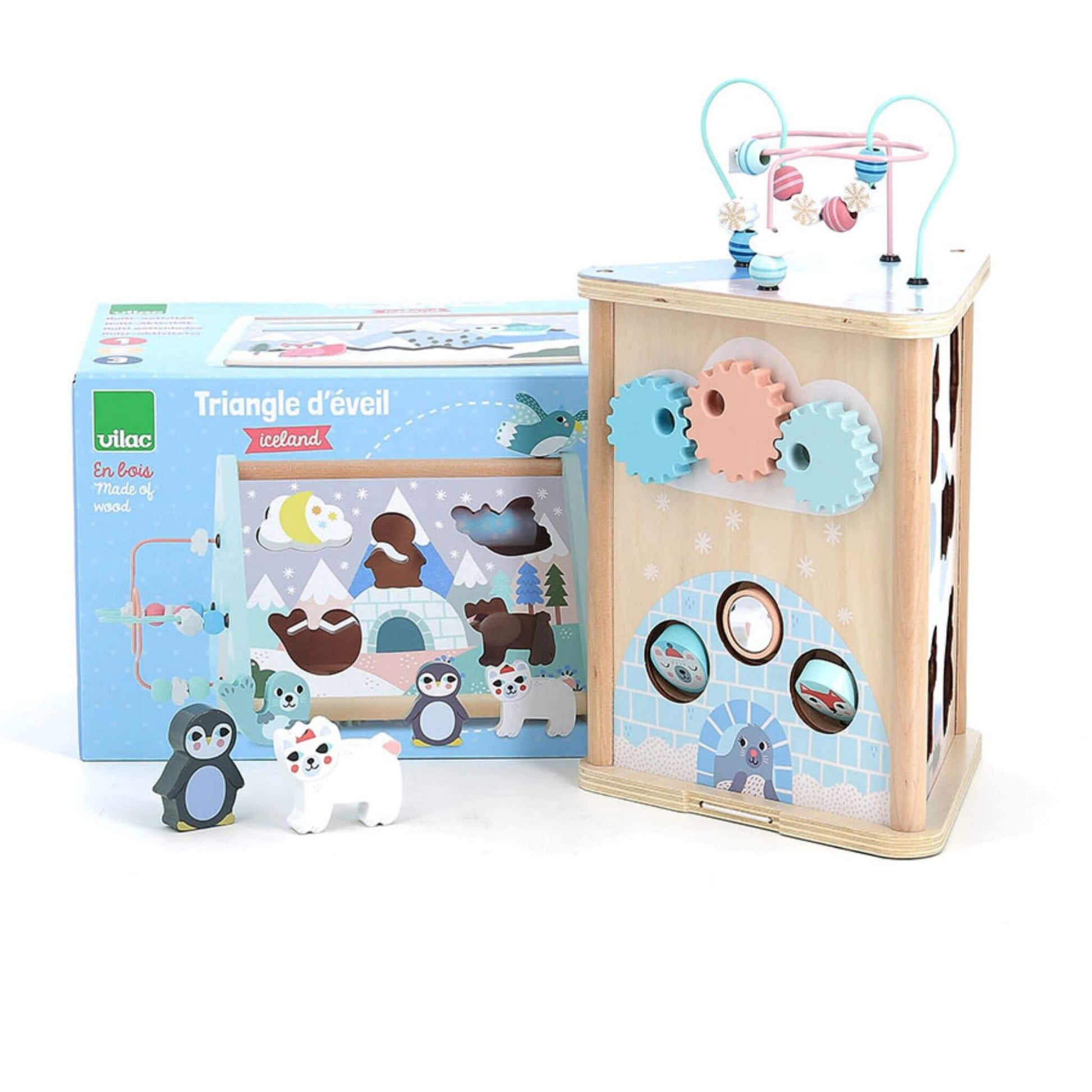 Vilac Iceland Early Learning Activity Triangle with wooden animal figures, interactive gears, and arctic-themed packaging.