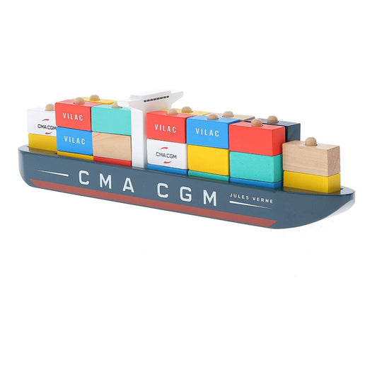 Wooden container ship toy with colourful magnetic cargo blocks, perfect for imaginative play and developing fine motor skills.