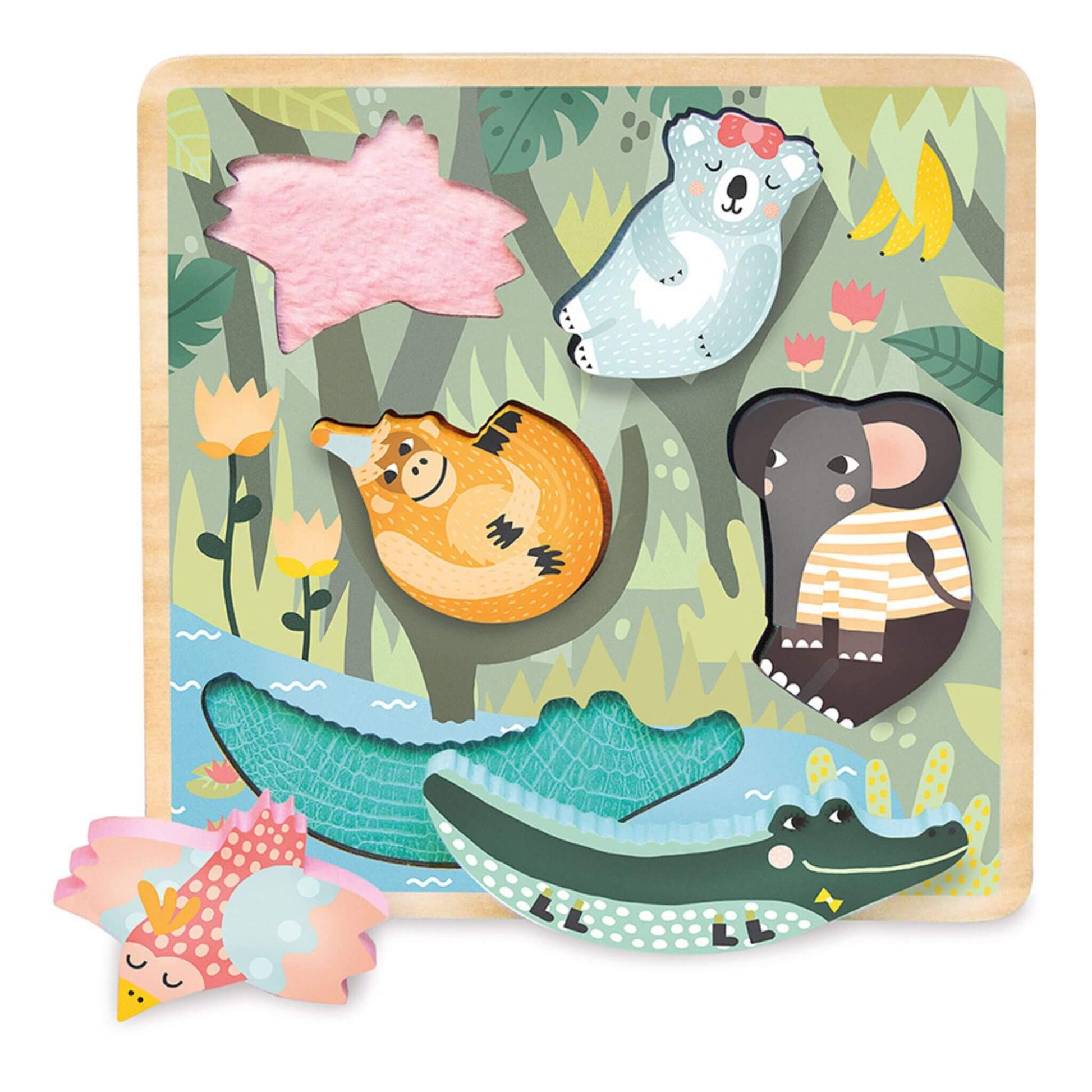 Vilac Jungle Touch and Feel Puzzle featuring a wooden board with colourful animal pieces and tactile textures in a jungle scene.