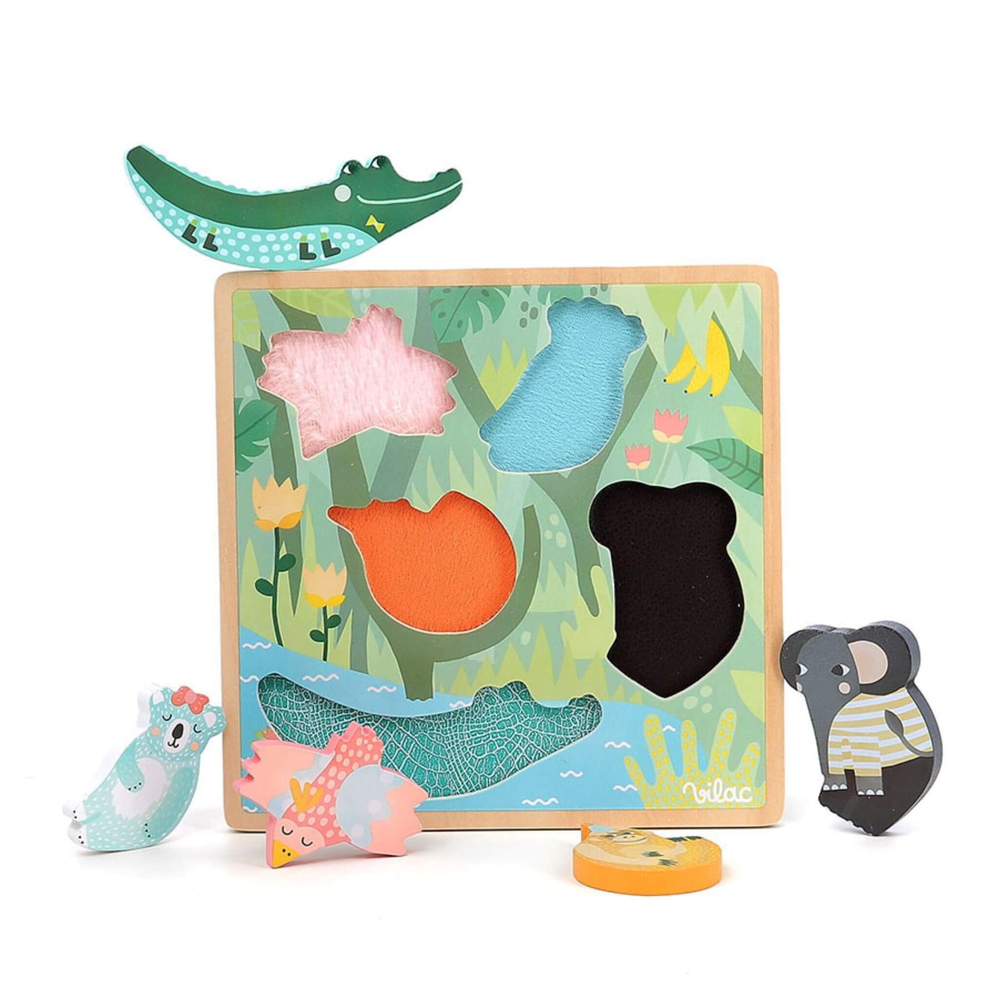 Vilac Jungle Touch and Feel Puzzle with a wooden board, colourful animal pieces, and textured slots for sensory exploration and play.