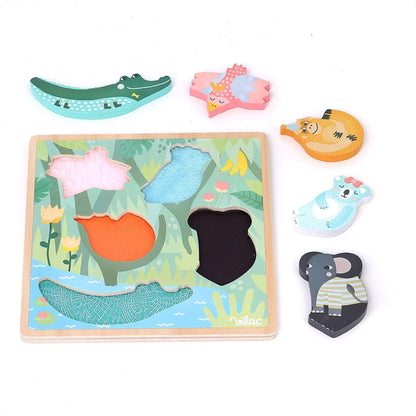 Vilac Jungle Touch and Feel Puzzle featuring a wooden board with animal-shaped slots and textured inserts alongside removable pieces.