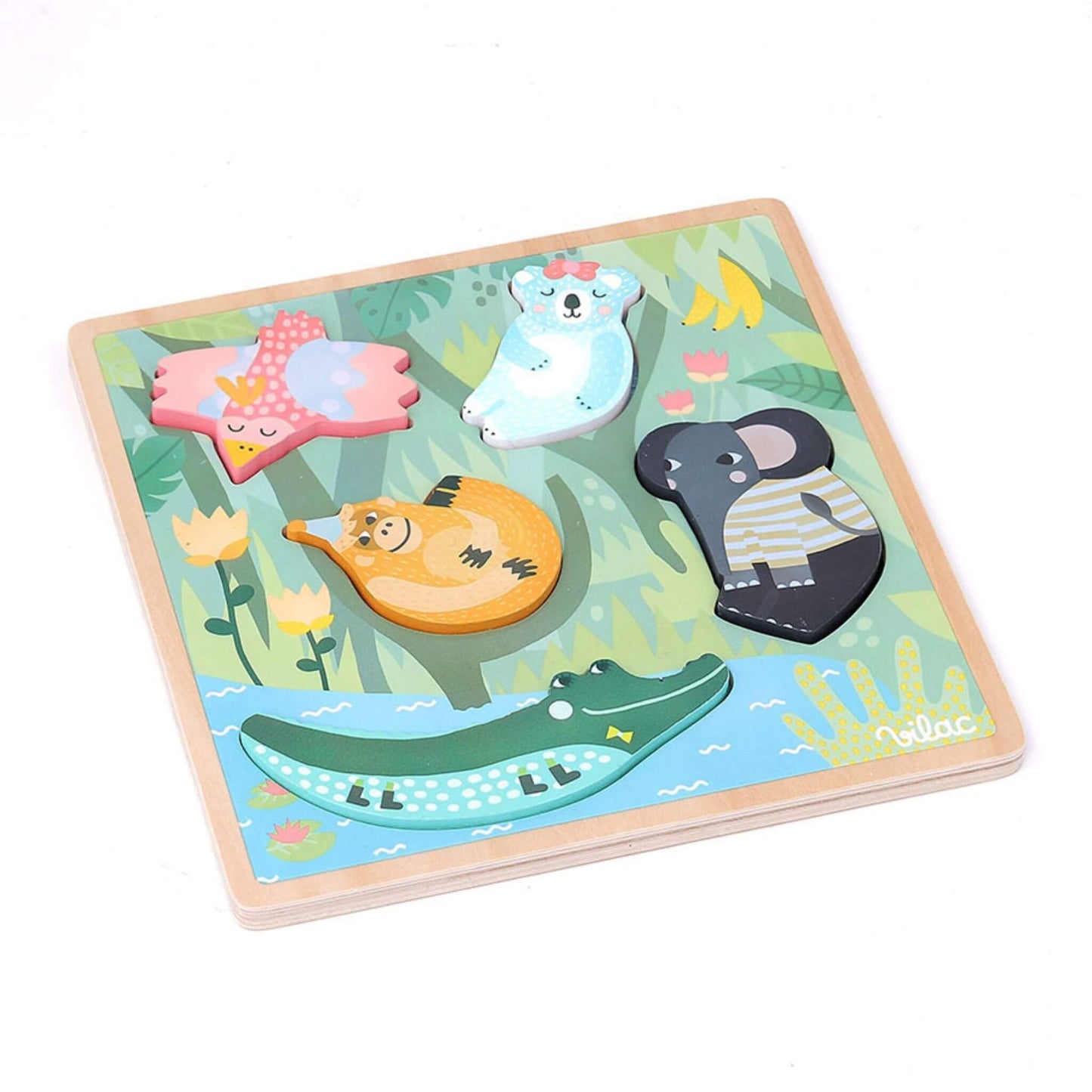 Vilac Jungle Touch and Feel Puzzle featuring a colourful wooden board with animal pieces securely fitted into their textured slots.