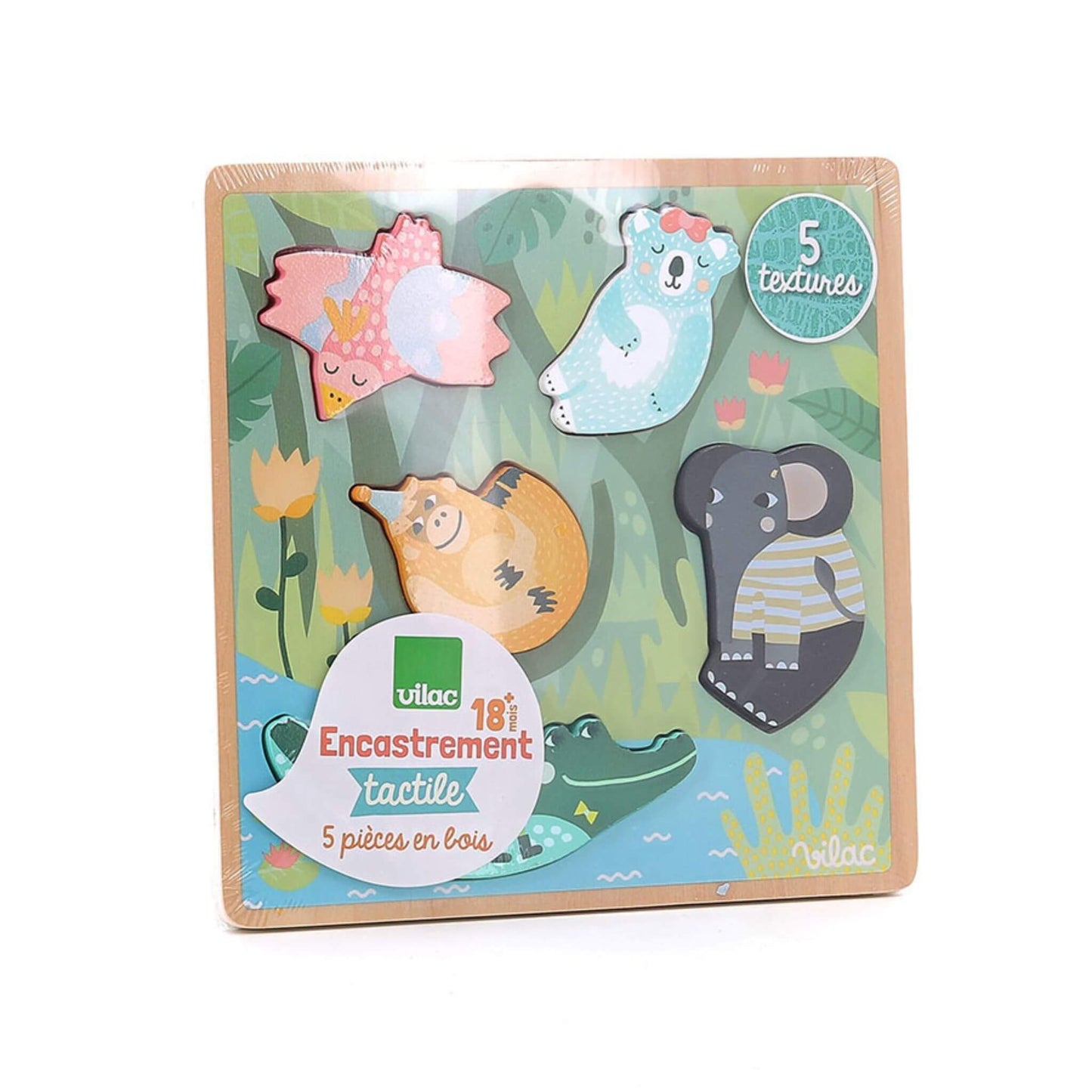 Vilac Jungle Touch and Feel Puzzle in packaging, featuring colourful wooden animal pieces and a tactile jungle-themed board.