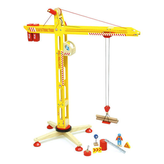 Vilac large wooden crane in yellow with magnetic elements, winch, and accessories, designed to inspire imaginative construction play.