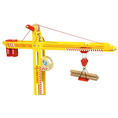 Close-up of the Vilac large yellow wooden crane with a working winch, magnetic hook, and detailed construction-themed design.