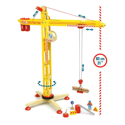 Vilac large wooden crane in yellow, measuring 80cm tall, featuring a rotating base, magnetic hook, and construction accessories.