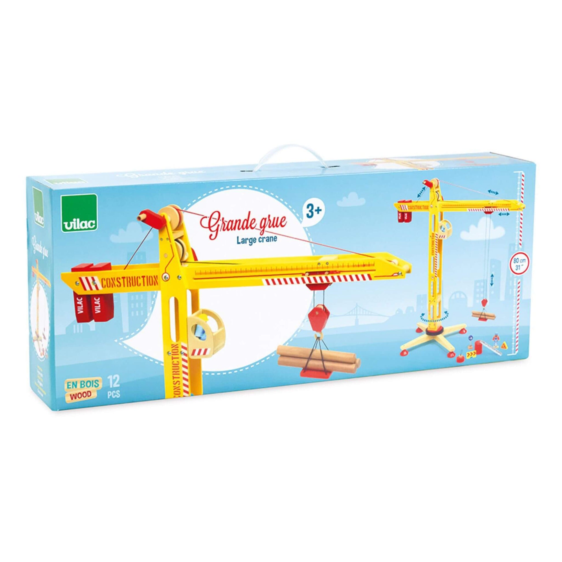 Packaging of the Vilac large wooden crane, featuring its 80cm height, yellow design, magnetic hook, and construction accessories.