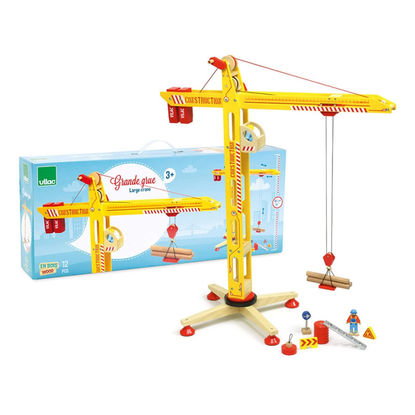 Vilac large wooden crane set with bright yellow design, magnetic hook, accessories, and packaging.