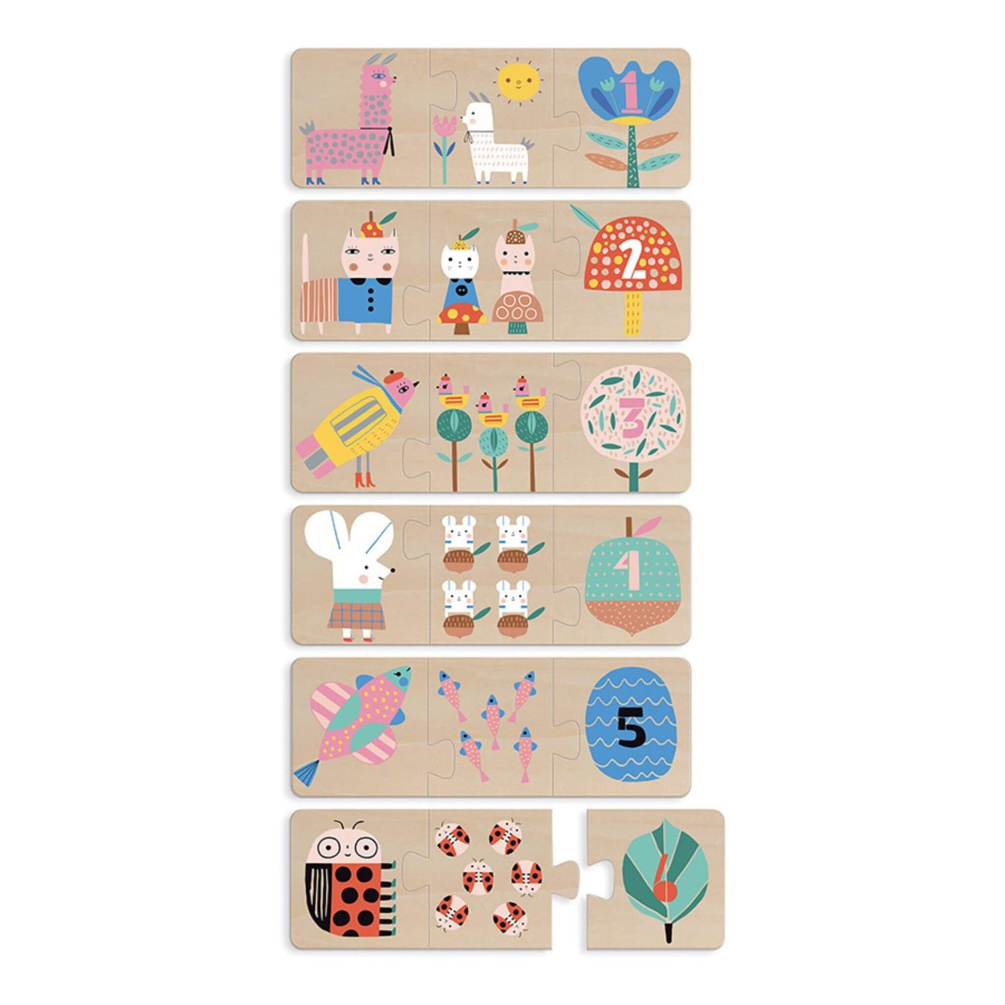 Vilac Mother and Baby Puzzle set with charming animal illustrations, teaching numbers and fine motor skills, includes six wooden puzzles.