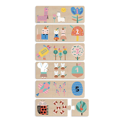 Vilac Mother and Baby Puzzle set with charming animal illustrations, teaching numbers and fine motor skills, includes six wooden puzzles.