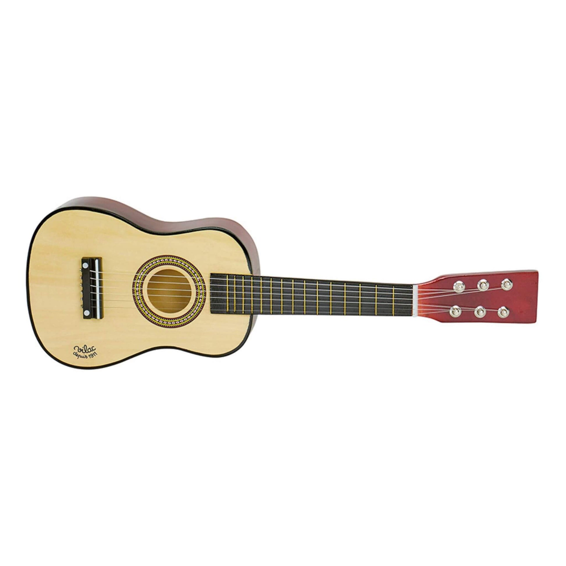 Vilac natural wood guitar with six strings and a smooth wooden finish. Ideal for children learning to play or engaging in pretend play.