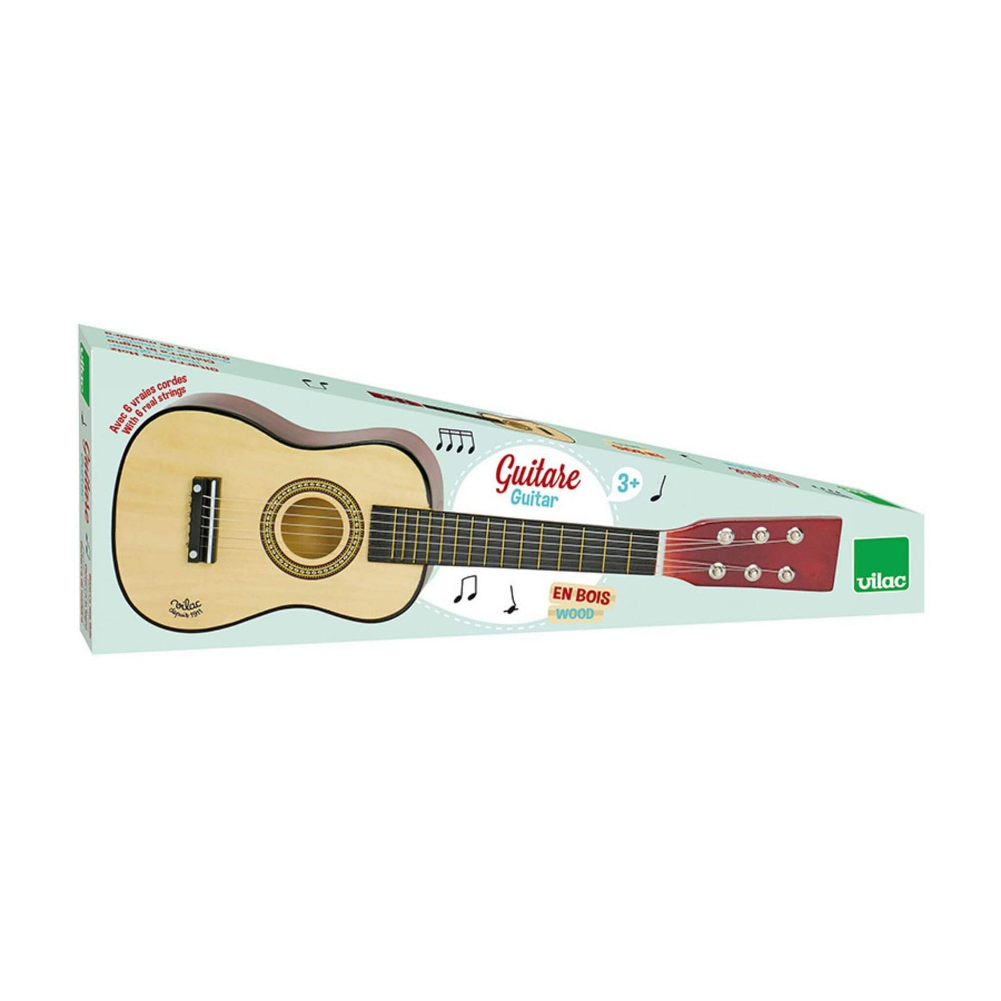 Vilac natural wood guitar packaged in a colourful box, featuring six strings and classic design. Perfect for kids aged 3+ to explore music.