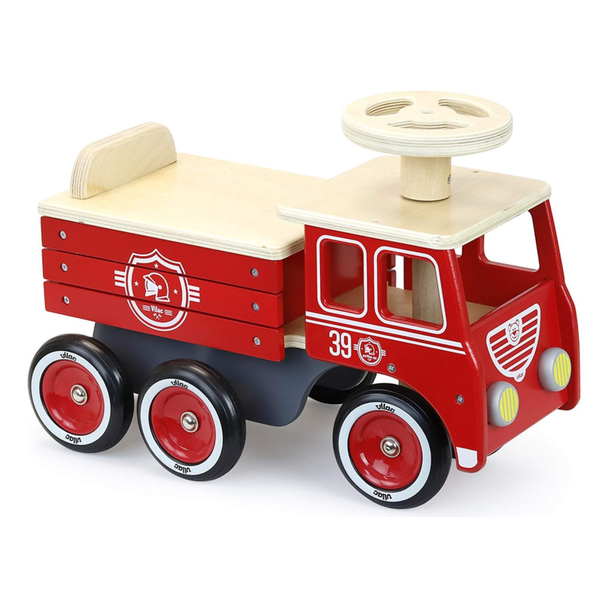 Vilac Ride-On Fire Truck in bold red, featuring a wooden design, rubber tyres for smooth rides, and under-seat storage for toys.