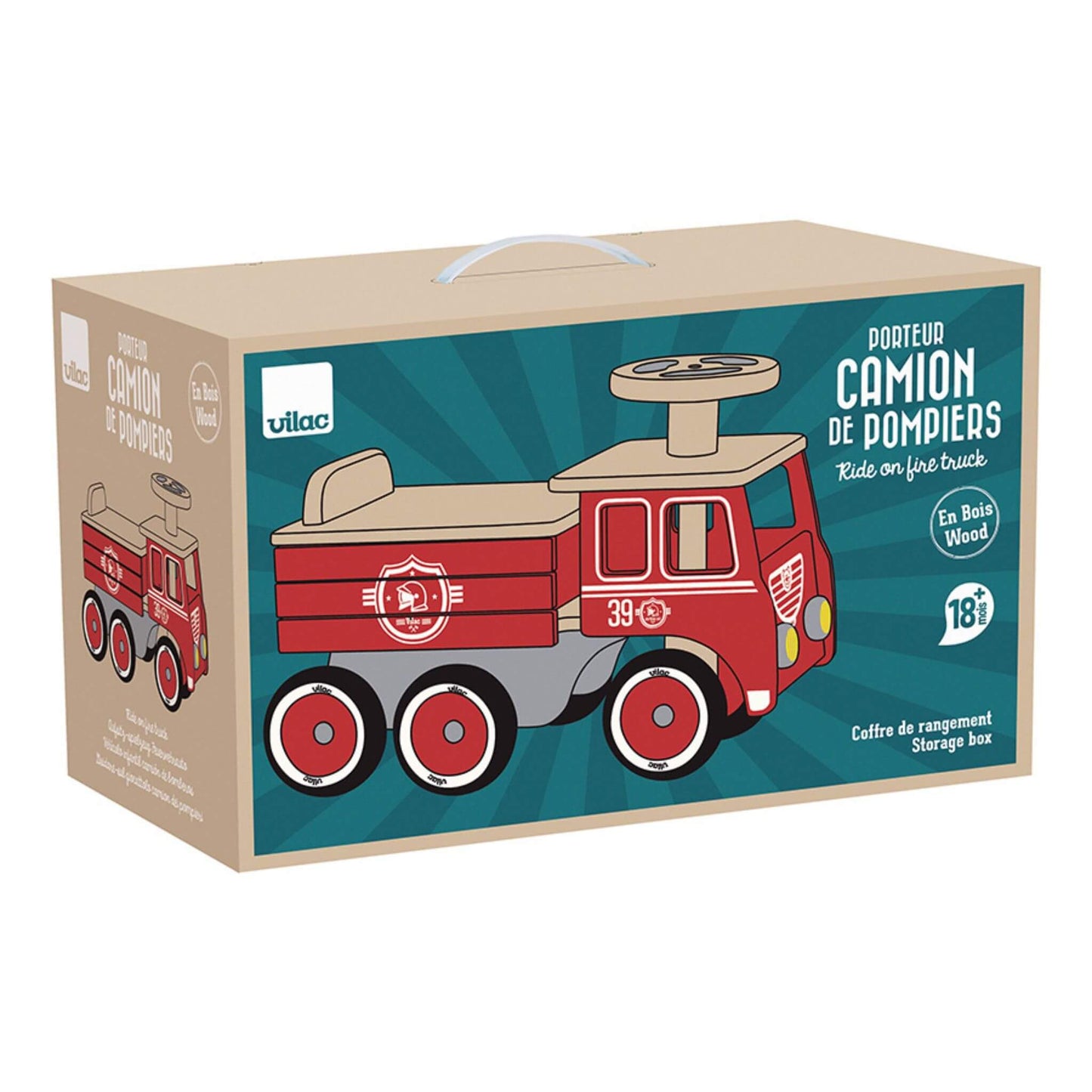 Packaging for the Vilac Ride-On Fire Truck, showcasing the wooden fire truck with bold red details and a convenient storage box under the seat.