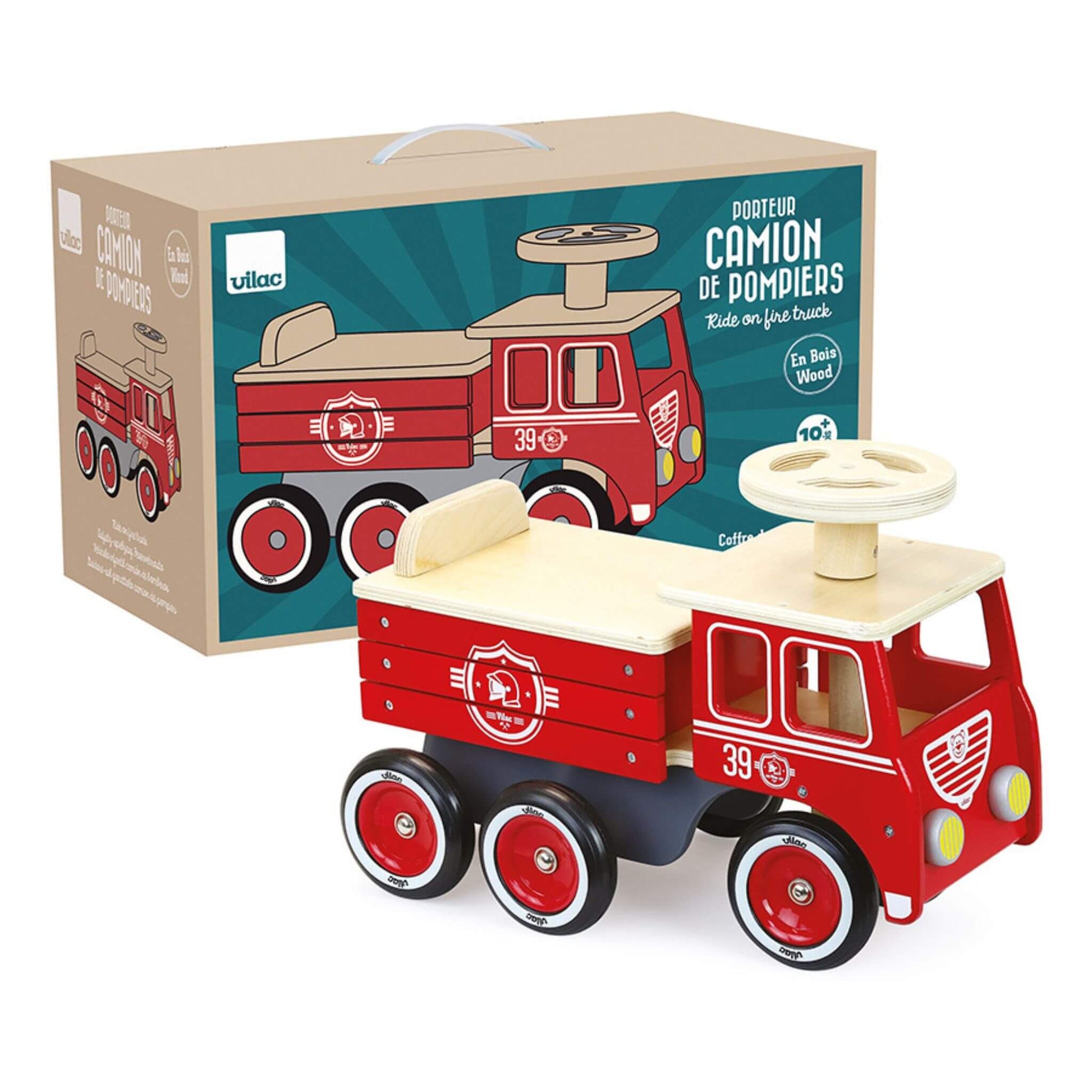 Vilac Ride-On Fire Truck displayed alongside its packaging, featuring a classic red wooden design with white and black detailing.