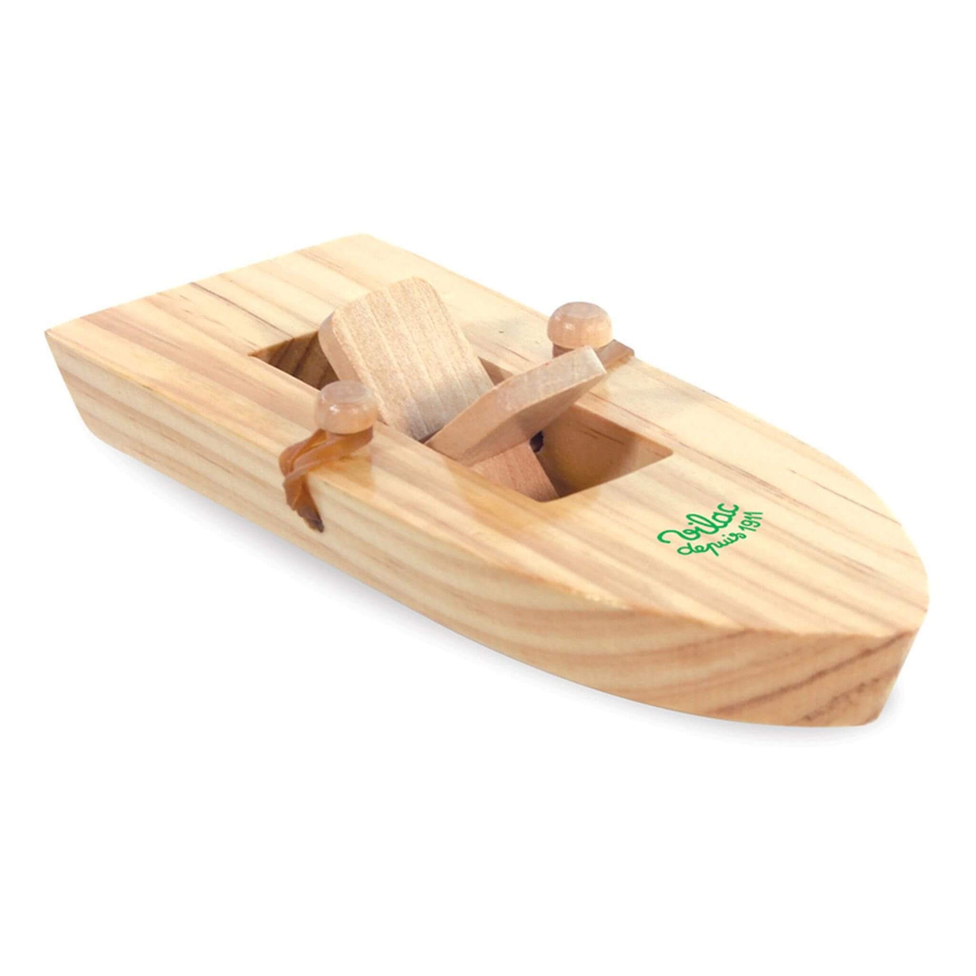 Vilac rubber band-powered wooden boat with a simple propeller design, perfect for bath or pond play, encouraging creative fun.