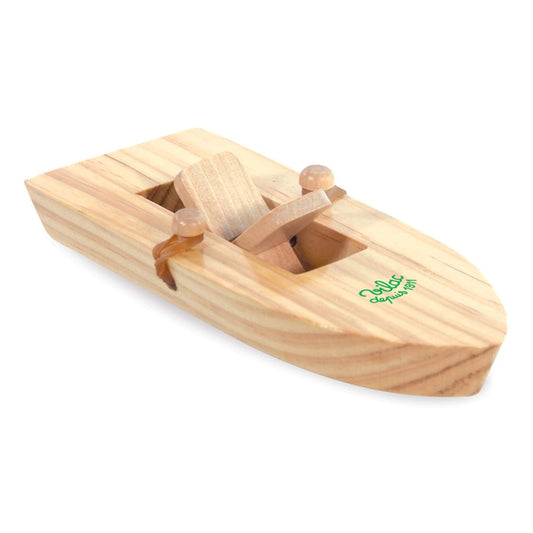 Vilac rubber band-powered wooden boat with a simple propeller design, perfect for bath or pond play, encouraging creative fun.