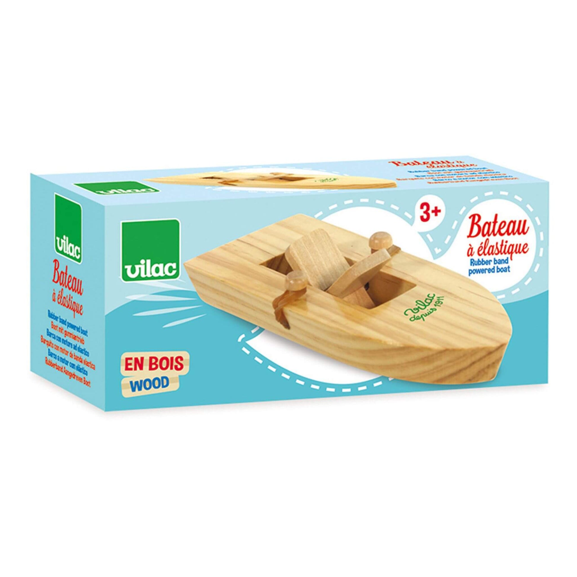 Vilac rubber band-powered wooden boat in packaging, ideal for bath or outdoor water play for children aged 3 and up.