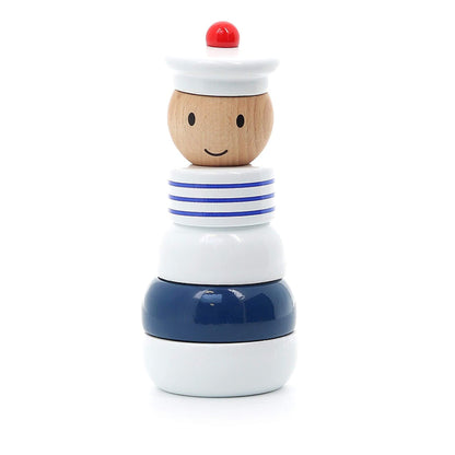 Wooden Vilac Sailor Stacking Toy featuring a cheerful sailor face, sailor's cap, and stackable blue and white pieces for creative play.